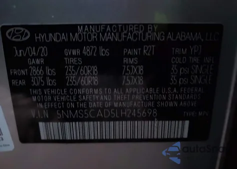 2020 Hyundai Santa Fe Limited from USA, damaged, VIN 5NMS5CAD5LH245698